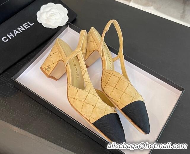 Pretty Style Chanel Quilted Suede & Grosgrain Slingback Pumps 6.5cm with Studs G31318 Dark Beige 0103081