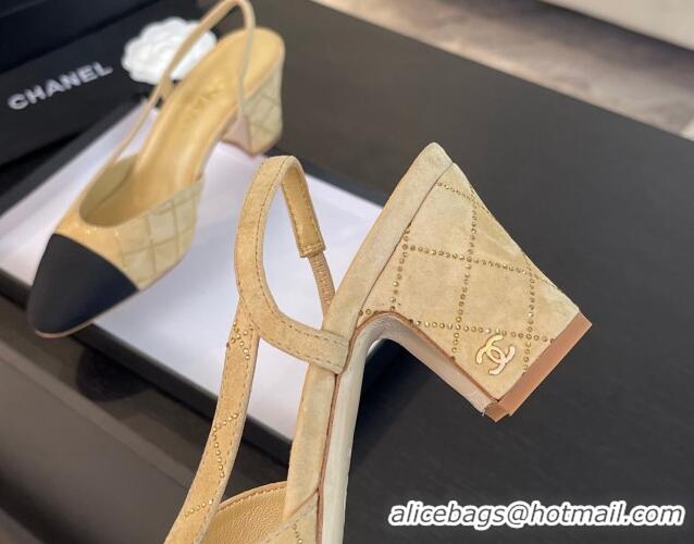 Pretty Style Chanel Quilted Suede & Grosgrain Slingback Pumps 6.5cm with Studs G31318 Dark Beige 0103081