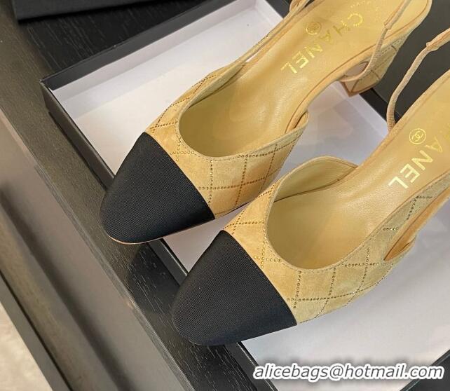 Pretty Style Chanel Quilted Suede & Grosgrain Slingback Pumps 6.5cm with Studs G31318 Dark Beige 0103081