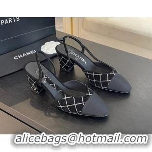 Durable Chanel Quilted Suede & Grosgrain Slingback Pumps 6.5cm with Studs G31318 Black 0103082