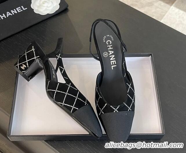 Durable Chanel Quilted Suede & Grosgrain Slingback Pumps 6.5cm with Studs G31318 Black 0103082