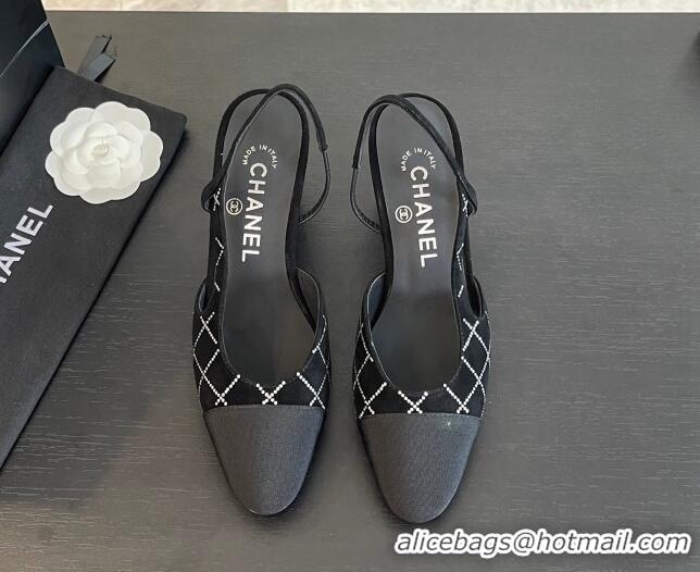 Durable Chanel Quilted Suede & Grosgrain Slingback Pumps 6.5cm with Studs G31318 Black 0103082