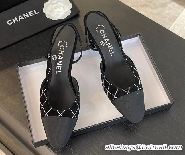 Durable Chanel Quilted Suede & Grosgrain Slingback Pumps 6.5cm with Studs G31318 Black 0103082