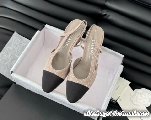 Hot Style Chanel Quilted Suede & Grosgrain Slingback Pumps 6.5cm with Studs G31318 Beige Grey 0103084