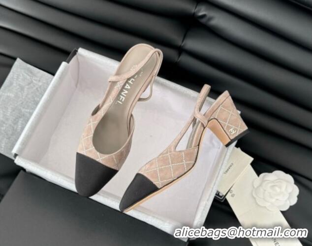 Hot Style Chanel Quilted Suede & Grosgrain Slingback Pumps 6.5cm with Studs G31318 Beige Grey 0103084