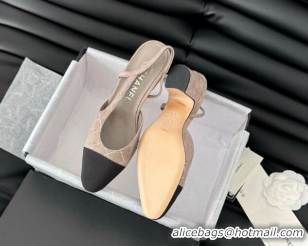 Hot Style Chanel Quilted Suede & Grosgrain Slingback Pumps 6.5cm with Studs G31318 Beige Grey 0103084