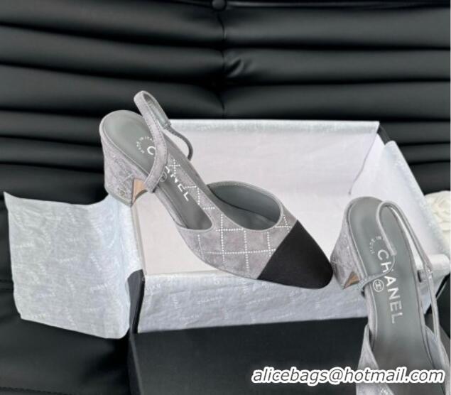 Grade Quality Chanel Quilted Suede & Grosgrain Slingback Pumps 6.5cm with Studs G31318 Dark Grey 0103085