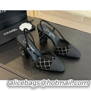 Sumptuous Chanel Quilted Suede & Grosgrain Slingback Pumps 9cm with Studs G45509 Black 0103087