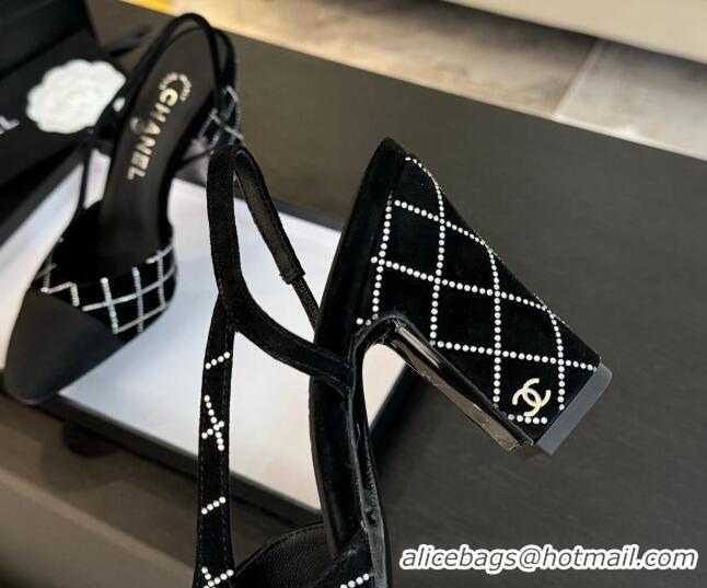 Sumptuous Chanel Quilted Suede & Grosgrain Slingback Pumps 9cm with Studs G45509 Black 0103087