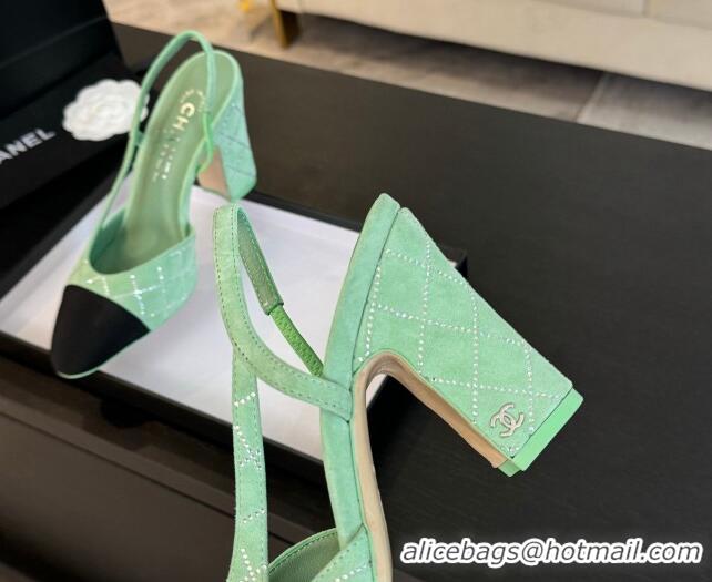 1:1 aaaaa Chanel Quilted Suede & Grosgrain Slingback Pumps 9cm with Studs G45509 Light Green 0103088