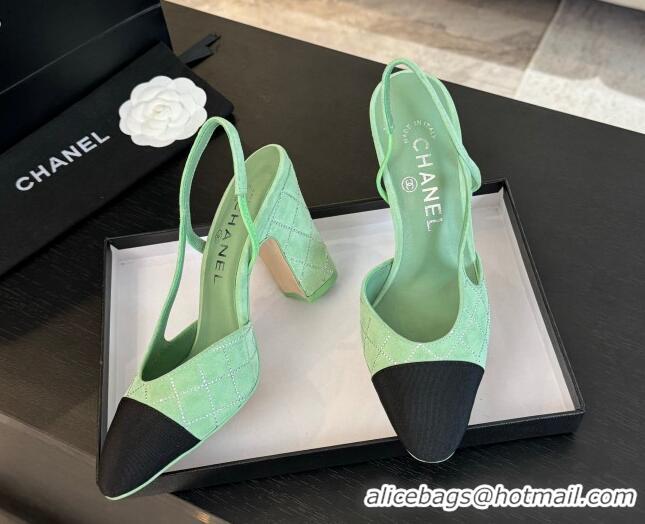 1:1 aaaaa Chanel Quilted Suede & Grosgrain Slingback Pumps 9cm with Studs G45509 Light Green 0103088