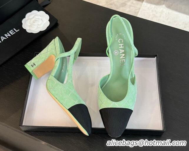 1:1 aaaaa Chanel Quilted Suede & Grosgrain Slingback Pumps 9cm with Studs G45509 Light Green 0103088