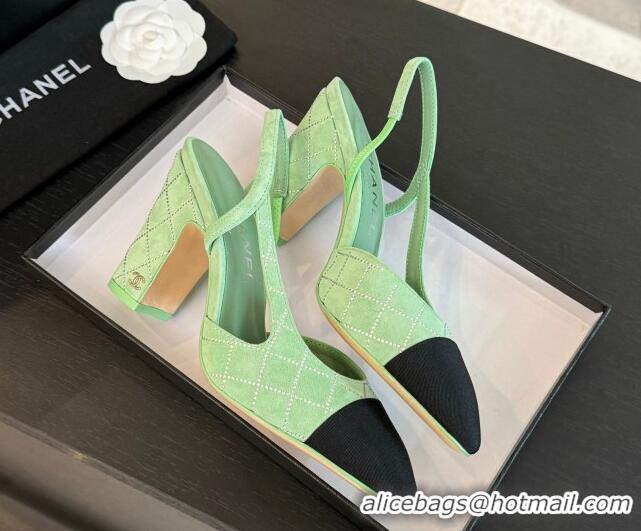 1:1 aaaaa Chanel Quilted Suede & Grosgrain Slingback Pumps 9cm with Studs G45509 Light Green 0103088