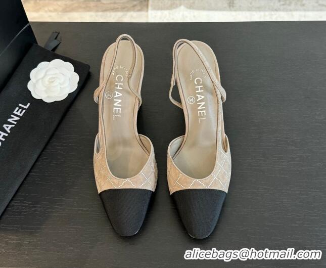 Stylish Chanel Quilted Suede & Grosgrain Slingback Pumps 9cm with Studs G45509 Beige Grey 0103089