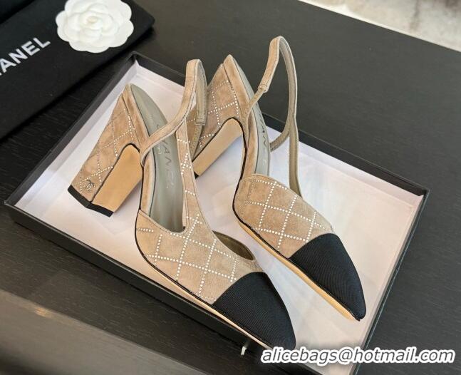 Stylish Chanel Quilted Suede & Grosgrain Slingback Pumps 9cm with Studs G45509 Beige Grey 0103089