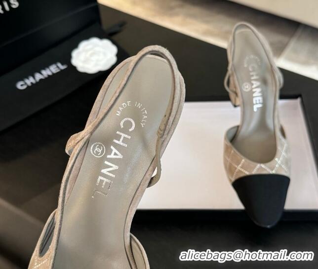 Stylish Chanel Quilted Suede & Grosgrain Slingback Pumps 9cm with Studs G45509 Beige Grey 0103089