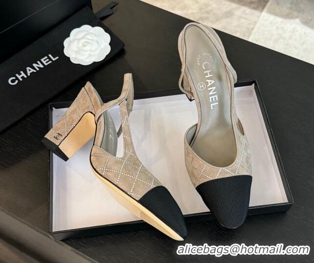 Stylish Chanel Quilted Suede & Grosgrain Slingback Pumps 9cm with Studs G45509 Beige Grey 0103089