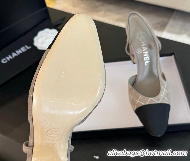 Stylish Chanel Quilted Suede & Grosgrain Slingback Pumps 9cm with Studs G45509 Beige Grey 0103089