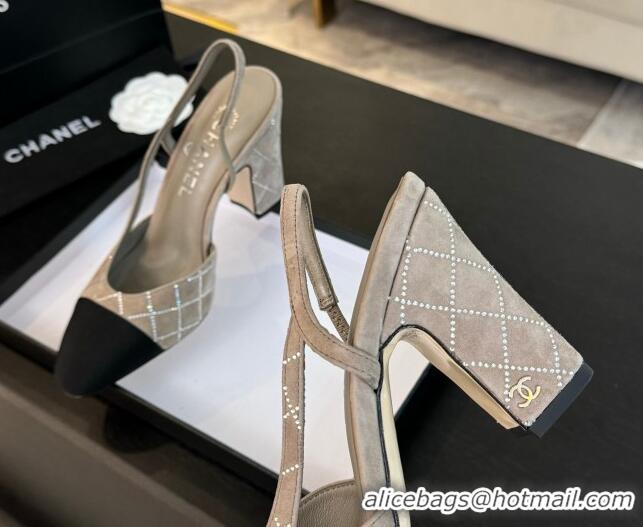 Stylish Chanel Quilted Suede & Grosgrain Slingback Pumps 9cm with Studs G45509 Beige Grey 0103089