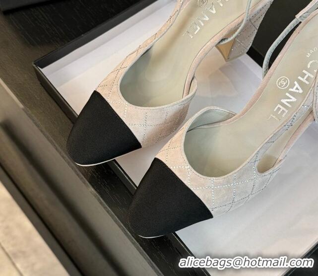 Buy Discount Chanel Quilted Suede & Grosgrain Slingback Pumps 9cm with Studs G45509 Light Grey 0103090