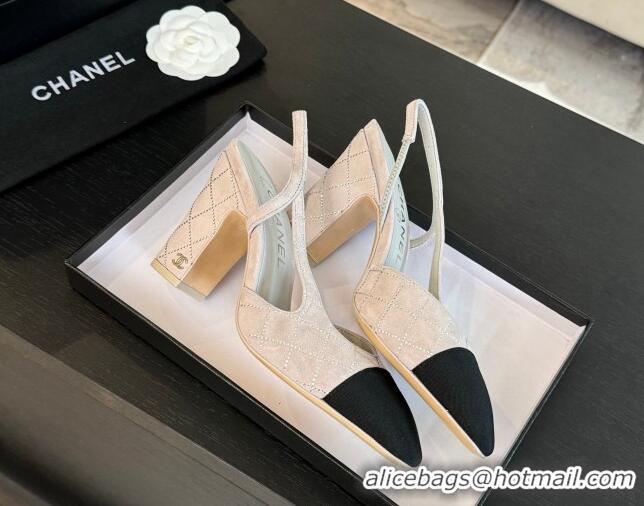 Buy Discount Chanel Quilted Suede & Grosgrain Slingback Pumps 9cm with Studs G45509 Light Grey 0103090