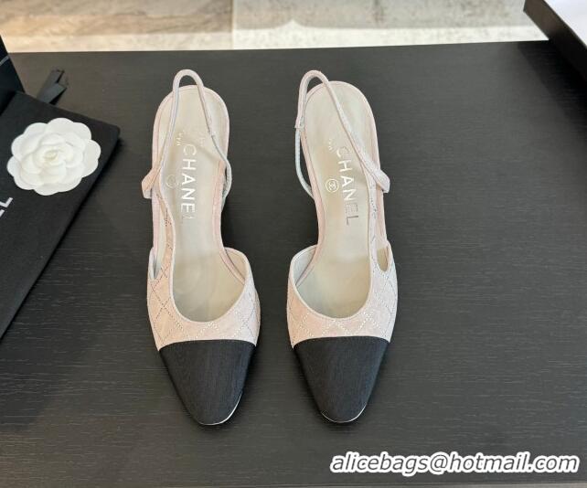 Buy Discount Chanel Quilted Suede & Grosgrain Slingback Pumps 9cm with Studs G45509 Light Grey 0103090