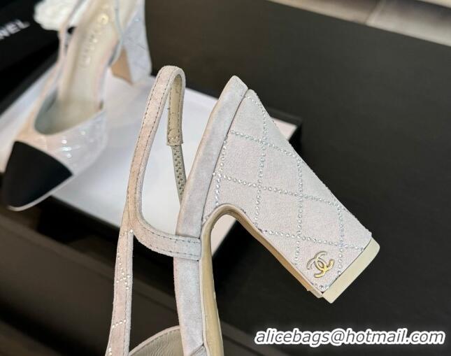 Buy Discount Chanel Quilted Suede & Grosgrain Slingback Pumps 9cm with Studs G45509 Light Grey 0103090