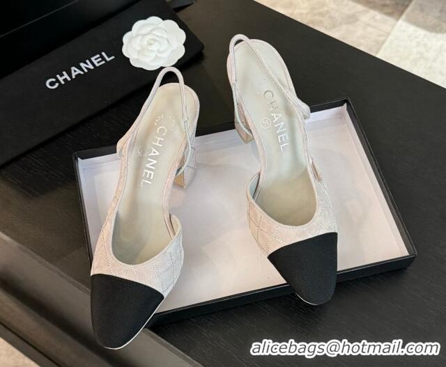 Buy Discount Chanel Quilted Suede & Grosgrain Slingback Pumps 9cm with Studs G45509 Light Grey 0103090