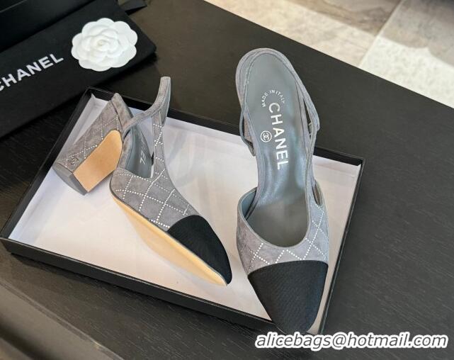 Good Quality Chanel Quilted Suede & Grosgrain Slingback Pumps 9cm with Studs G45509 Dark Grey 0103091