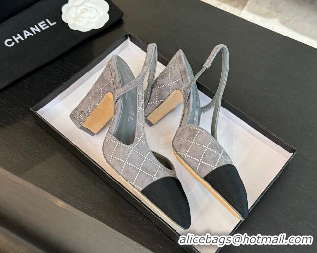 Good Quality Chanel Quilted Suede & Grosgrain Slingback Pumps 9cm with Studs G45509 Dark Grey 0103091