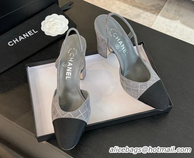 Good Quality Chanel Quilted Suede & Grosgrain Slingback Pumps 9cm with Studs G45509 Dark Grey 0103091