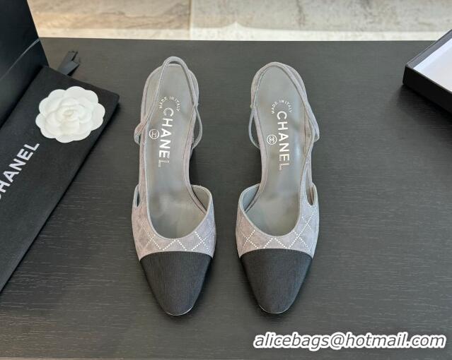 Good Quality Chanel Quilted Suede & Grosgrain Slingback Pumps 9cm with Studs G45509 Dark Grey 0103091