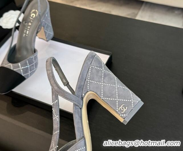 Good Quality Chanel Quilted Suede & Grosgrain Slingback Pumps 9cm with Studs G45509 Dark Grey 0103091