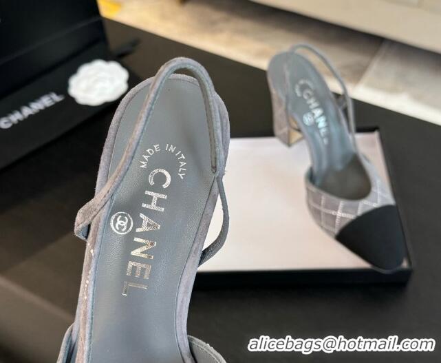 Good Quality Chanel Quilted Suede & Grosgrain Slingback Pumps 9cm with Studs G45509 Dark Grey 0103091