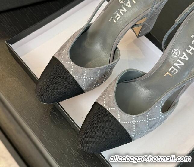 Good Quality Chanel Quilted Suede & Grosgrain Slingback Pumps 9cm with Studs G45509 Dark Grey 0103091