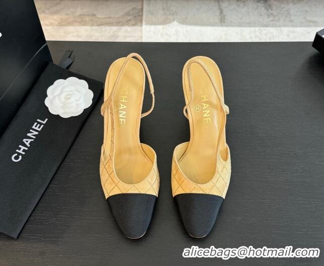 Best Grade Chanel Quilted Suede & Grosgrain Slingback Pumps 9cm with Studs G45509 Dark Beige 0103092