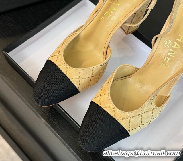 Best Grade Chanel Quilted Suede & Grosgrain Slingback Pumps 9cm with Studs G45509 Dark Beige 0103092