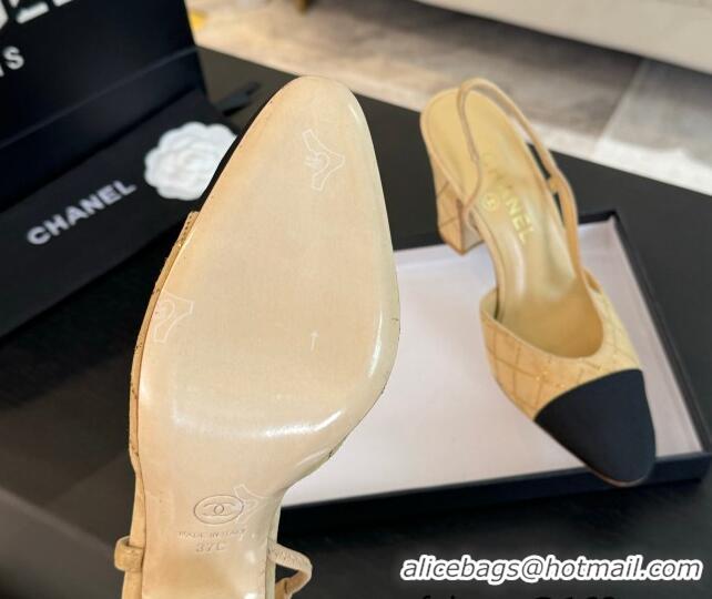 Best Grade Chanel Quilted Suede & Grosgrain Slingback Pumps 9cm with Studs G45509 Dark Beige 0103092