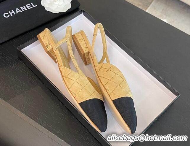 Unique Style Chanel Quilted Suede & Grosgrain Slingbacks Flats with Studs G31319 Dark Beige 0103093