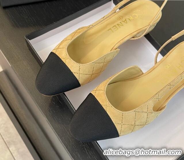 Unique Style Chanel Quilted Suede & Grosgrain Slingbacks Flats with Studs G31319 Dark Beige 0103093