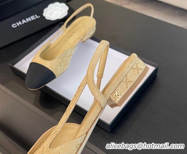 Unique Style Chanel Quilted Suede & Grosgrain Slingbacks Flats with Studs G31319 Dark Beige 0103093