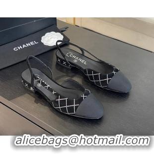 Buy Luxury Chanel Quilted Suede & Grosgrain Slingbacks Flats with Studs G31319 Black 0103095