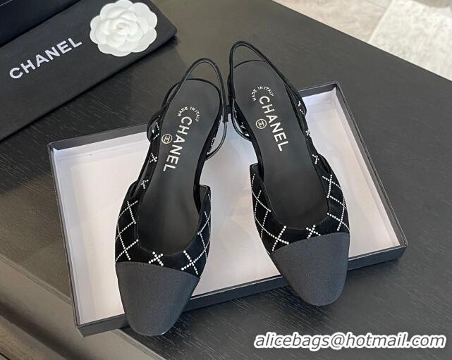 Buy Luxury Chanel Quilted Suede & Grosgrain Slingbacks Flats with Studs G31319 Black 0103095