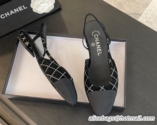 Buy Luxury Chanel Quilted Suede & Grosgrain Slingbacks Flats with Studs G31319 Black 0103095