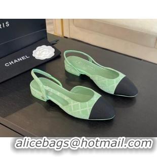 Best Product Chanel Quilted Suede & Grosgrain Slingbacks Flats with Studs G31319 Light Green 0103096