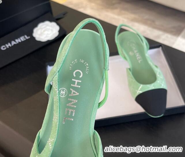 Best Product Chanel Quilted Suede & Grosgrain Slingbacks Flats with Studs G31319 Light Green 0103096