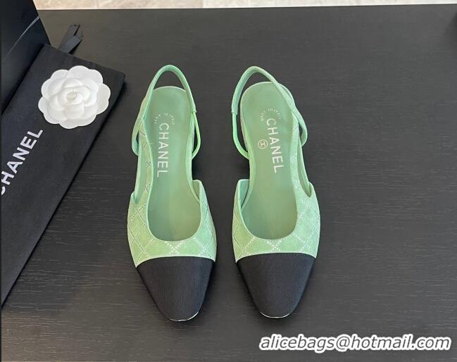 Best Product Chanel Quilted Suede & Grosgrain Slingbacks Flats with Studs G31319 Light Green 0103096