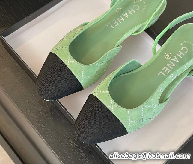 Best Product Chanel Quilted Suede & Grosgrain Slingbacks Flats with Studs G31319 Light Green 0103096