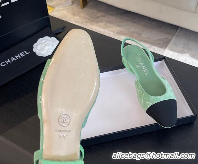 Best Product Chanel Quilted Suede & Grosgrain Slingbacks Flats with Studs G31319 Light Green 0103096