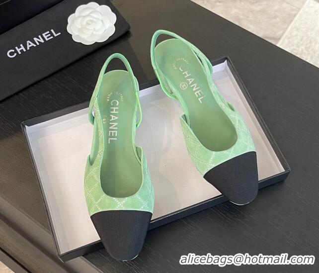 Best Product Chanel Quilted Suede & Grosgrain Slingbacks Flats with Studs G31319 Light Green 0103096